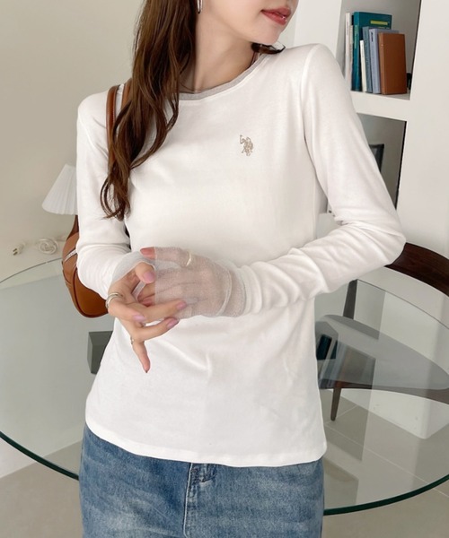U.S. POLO ASSN.(ユーエスポロアッスン)の「【U.S. POLO ASSN】袖口 バイカラー ラメ シアー Tシャツ(Tシャツ/カットソー・レディース・チャコール/ブルー/ブラウン/ホワイト・L/M)」の5枚目の写真