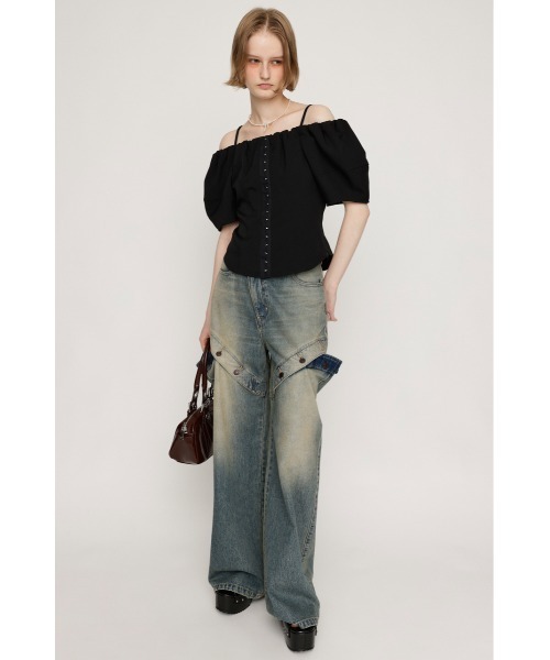 SLY（スライ）の「FRONT HOOK VOLUME SLEEVE BL フロントホック ボリュームスリーブ ブラウス 夏服 半袖 秋服（シャツ/ブラウス・レディース・マルチ/ブラック・FREE）」の5枚目の写真