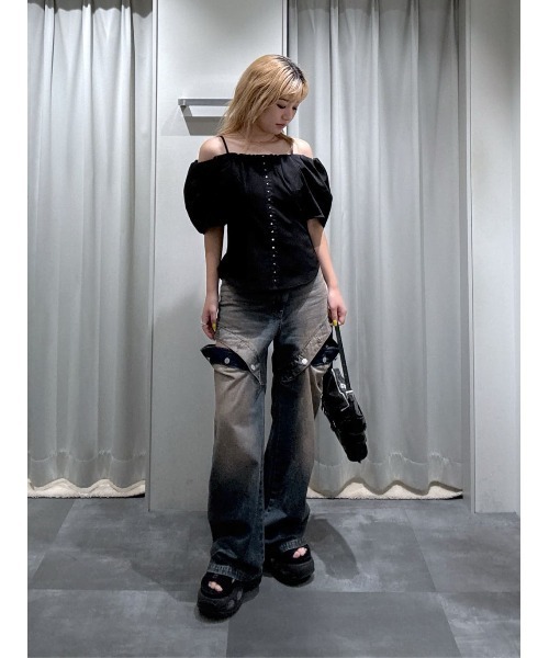 SLY（スライ）の「FRONT HOOK VOLUME SLEEVE BL フロントホック ボリュームスリーブ ブラウス 夏服 半袖 秋服（シャツ/ブラウス・レディース・マルチ/ブラック・FREE）」の18枚目の写真