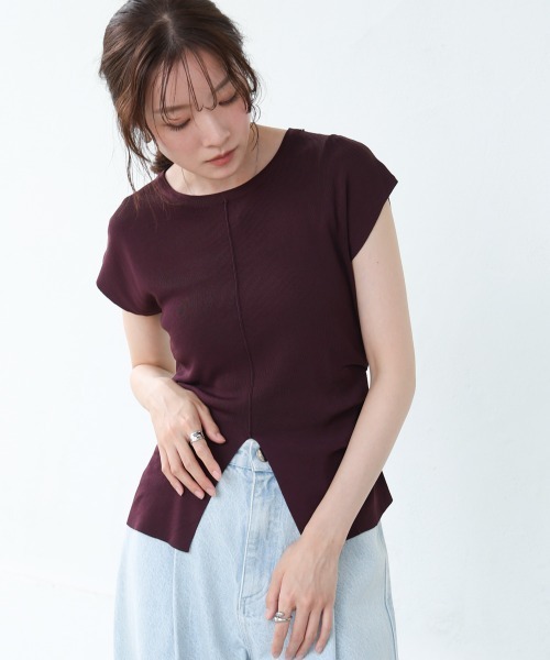 Bab(バブ)の「フロントスリットニットTシャツ(ニット/セーター・レディース・杢グレー/アイボリー/ブラック/ブラウン/ボルドー・M)」の5枚目の写真