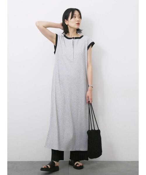 Samansa Mos2 blue(サマンサモスモスブルー)の「◎ヘンリーネックテレコワンピース(ワンピース・レディース・キナリ/ブラック/トップグレー・F)」の20枚目の写真