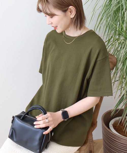 AMERICAN HOLIC（アメリカンホリック）の「ワッフル半袖プルオーバー（Tシャツ/カットソー・レディース・カーキ/アイボリー/チャコールグレー/オレンジ/ネイビー・L/M）」の4枚目の写真