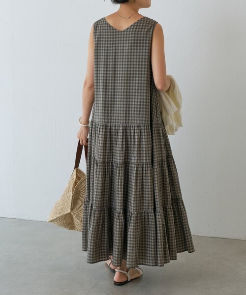 セール】ギンガムティアードノースリーブワンピース（ワンピース