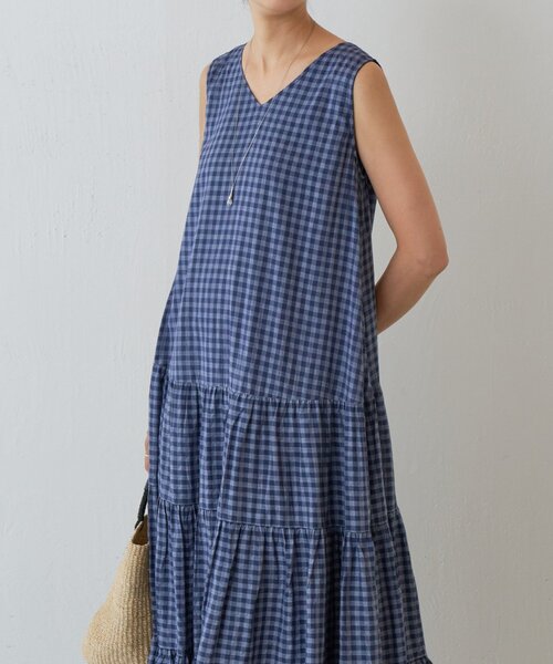 セール】ギンガムティアードノースリーブワンピース(ワンピース セール】ギンガムティアードノースリーブワンピース(ワンピース
