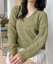 ブークレ生地 Vネックニット