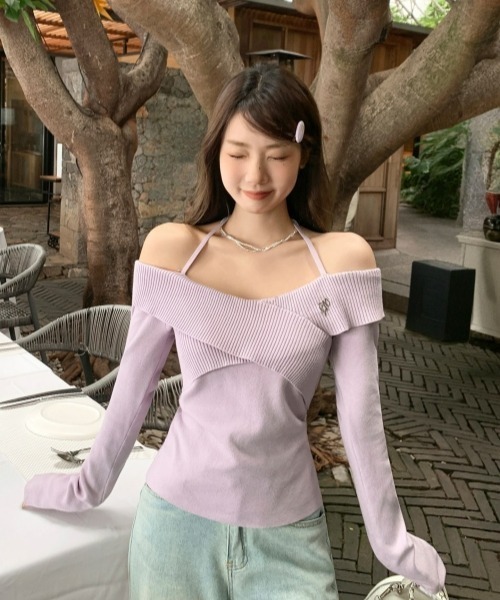 gossip!ロサンゼルス(ゴシップロサンゼルス)の「【Y2Kガーリー】オフショル×ホルターネックロングスリーブトップス(Tシャツ/カットソー・レディース・ラベンダー・FREE)」の1枚目の写真