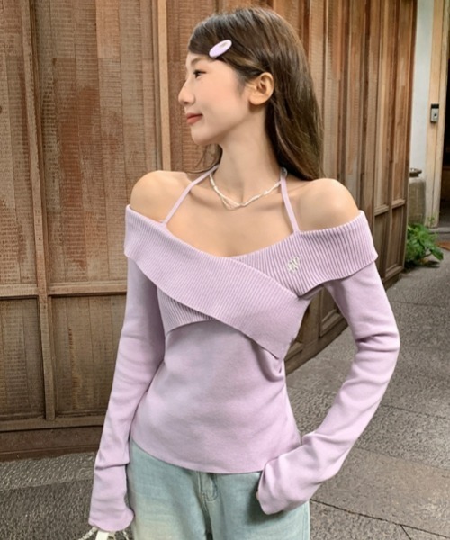 gossip!ロサンゼルス(ゴシップロサンゼルス)の「【Y2Kガーリー】オフショル×ホルターネックロングスリーブトップス(Tシャツ/カットソー・レディース・ラベンダー・FREE)」の3枚目の写真