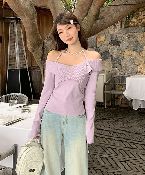 gossip!ロサンゼルス(ゴシップロサンゼルス)の「【Y2Kガーリー】オフショル×ホルターネックロングスリーブトップス(Tシャツ/カットソー・レディース・ラベンダー・FREE)」の5枚目の写真