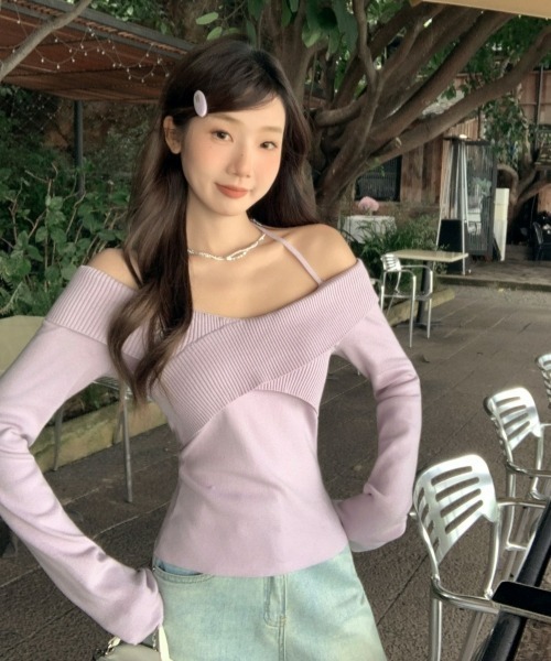 gossip!ロサンゼルス(ゴシップロサンゼルス)の「【Y2Kガーリー】オフショル×ホルターネックロングスリーブトップス(Tシャツ/カットソー・レディース・ラベンダー・FREE)」の8枚目の写真