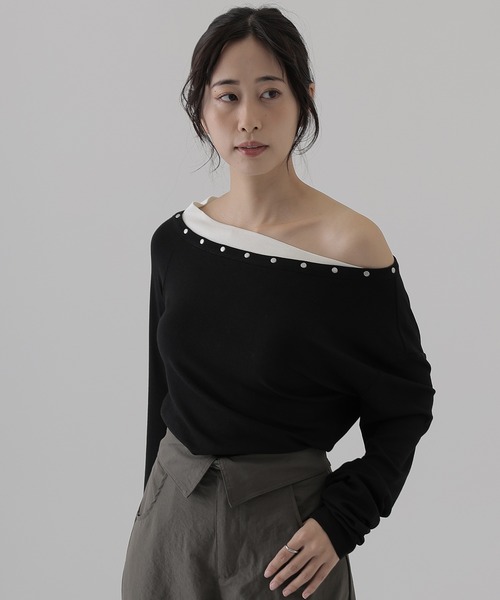 SUWDEE（スーディー）の「metal button layered tops（Tシャツ/カットソー・レディース・ブラウン/チャコールグレー/グレイッシュベージュ/ブラック・FREE）」の18枚目の写真
