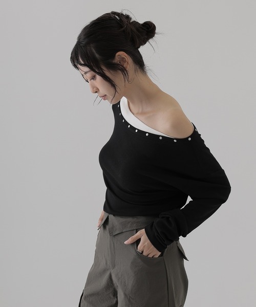 SUWDEE（スーディー）の「metal button layered tops（Tシャツ/カットソー・レディース・ブラウン/チャコールグレー/グレイッシュベージュ/ブラック・FREE）」の19枚目の写真
