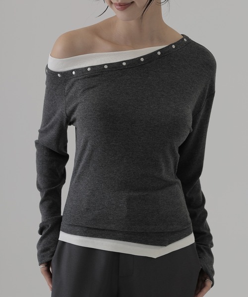 SUWDEE（スーディー）の「metal button layered tops（Tシャツ/カットソー・レディース・ブラウン/チャコールグレー/グレイッシュベージュ/ブラック・FREE）」の11枚目の写真