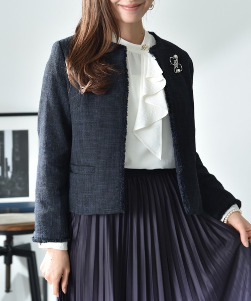 INTERPLANET（インタープラネット）の「エアーファンシー杢ツイードノーカラージャケット（ノーカラージャケット・レディース・ブラック/ネイビー・MEDIUM/LARGE）」の2枚目の写真