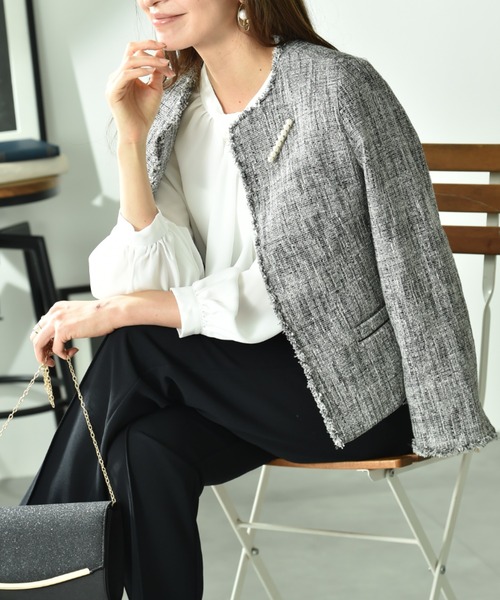 INTERPLANET（インタープラネット）の「エアーファンシー杢ツイードノーカラージャケット（ノーカラージャケット・レディース・ブラック/ネイビー・MEDIUM/LARGE）」の14枚目の写真