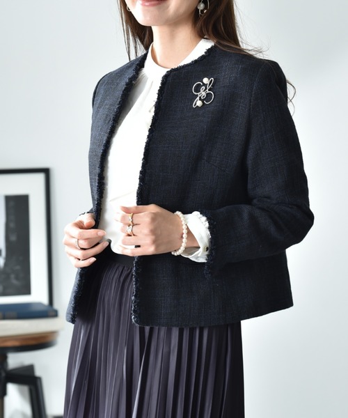 INTERPLANET（インタープラネット）の「エアーファンシー杢ツイードノーカラージャケット（ノーカラージャケット・レディース・ブラック/ネイビー・MEDIUM/LARGE）」の21枚目の写真