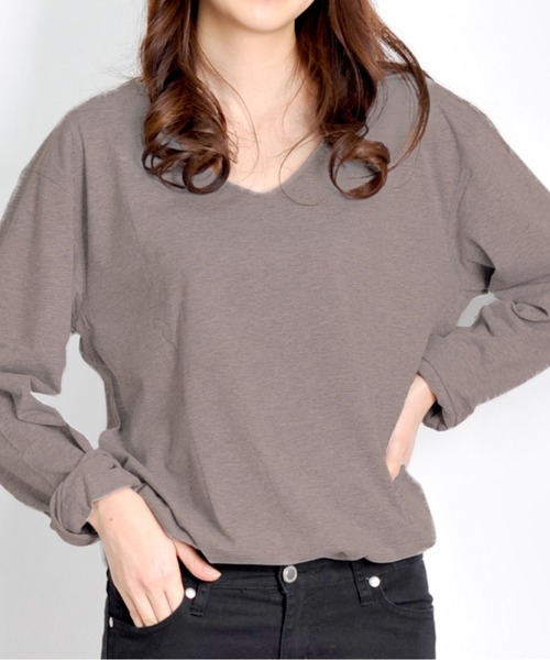 MARAI（マーライ）の「杢カラー長袖VネックTシャツ（Tシャツ/カットソー・レディース・ブルー/ネイビー/ブラウン/グレー/ワイン/ブラック・L/XL）」の4枚目の写真