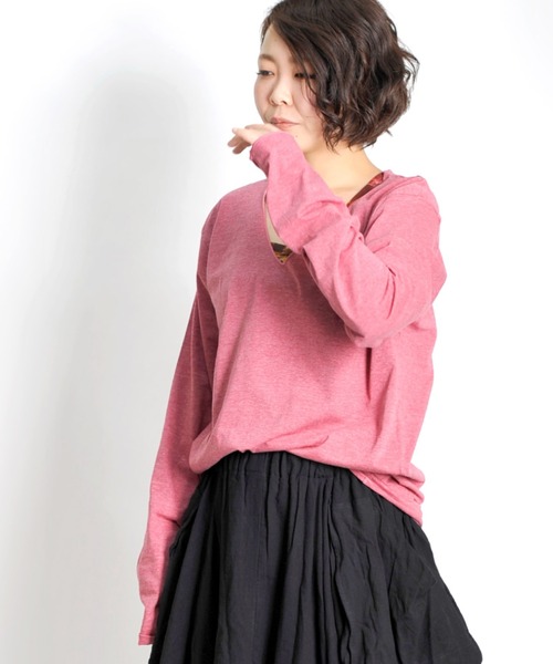 MARAI（マーライ）の「杢カラー長袖VネックTシャツ（Tシャツ/カットソー・レディース・ブルー/ネイビー/ブラウン/グレー/ワイン/ブラック・L/XL）」の6枚目の写真