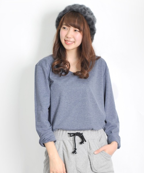 MARAI（マーライ）の「杢カラー長袖VネックTシャツ（Tシャツ/カットソー・レディース・ブルー/ネイビー/ブラウン/グレー/ワイン/ブラック・L/XL）」の5枚目の写真
