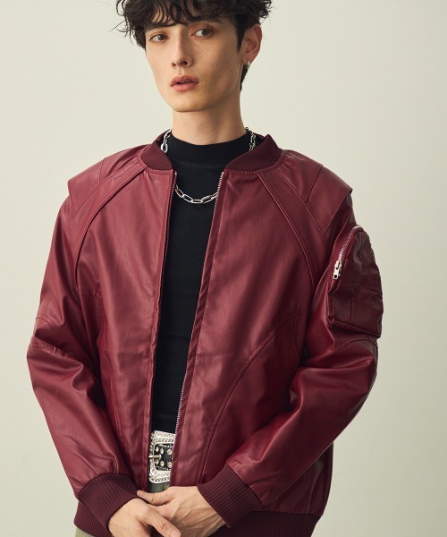 Shoowtime（ショウタイム）の「Double-zip cross design synthetic leather jacket / ダブルジップクロスデザイン合成皮革ブルゾン（ブルゾン・メンズ・ブラック/バーガンディー・MEDIUM/LARGE/X-LARGE）」の7枚目の写真