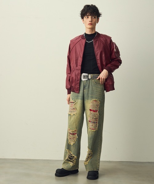 Shoowtime（ショウタイム）の「Double-zip cross design synthetic leather jacket / ダブルジップクロスデザイン合成皮革ブルゾン（ブルゾン・メンズ・ブラック/バーガンディー・MEDIUM/LARGE/X-LARGE）」の10枚目の写真