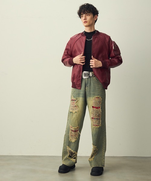 Shoowtime（ショウタイム）の「Double-zip cross design synthetic leather jacket / ダブルジップクロスデザイン合成皮革ブルゾン（ブルゾン・メンズ・ブラック/バーガンディー・MEDIUM/LARGE/X-LARGE）」の13枚目の写真