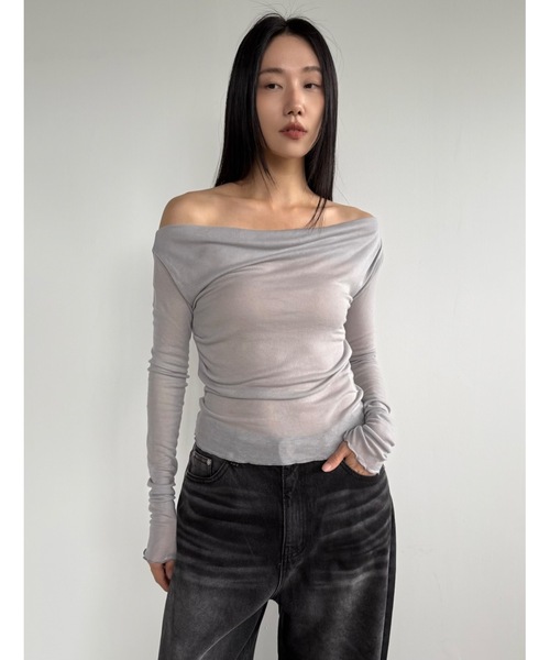 Didot.showroom(ディドット ショールーム)の「テンセルオフショルダードレープロンT(Tシャツ/カットソー・レディース・チャコール/バーガンディー/グレー/ブラック・FREE)」の1枚目の写真