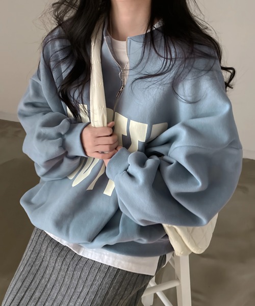 セール】裏起毛オーバーサイズハーフジップロゴスウェット（スウェット