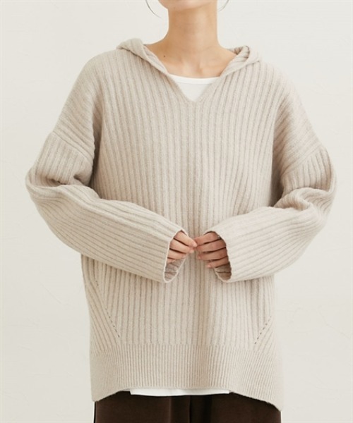 nissen(ニッセン)の「ふんわり起毛ワイドリブニットフーディー(ニット/セーター・レディース・モカ/ライトベージュ・M)」の1枚目の写真