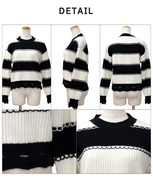 CLOTHY（クロシィ）の「【ヴィンテージストリート×ユニセックス感】ダメージボーダーニットトップス（ニット/セーター・レディース・ブラック/ブラウン・FREE）」の4枚目の写真