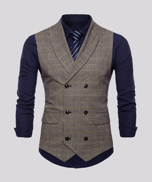 Cloudstyle(クラウドスタイル)の「【Cloudstyle】ダブルブレスト チェック柄 スーツベスト ジレ(スーツベスト・メンズ・ライトグレー/ブラウン/ダークグレー・MEDIUM/LARGE/X-LARGE/XX-LARGE)」の3枚目の写真