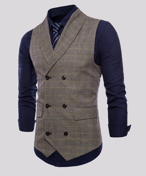 Cloudstyle(クラウドスタイル)の「【Cloudstyle】ダブルブレスト チェック柄 スーツベスト ジレ(スーツベスト・メンズ・ライトグレー/ブラウン/ダークグレー・MEDIUM/LARGE/X-LARGE/XX-LARGE)」の10枚目の写真