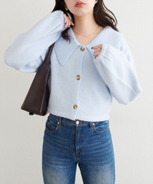 natural couture(ナチュラルクチュール)の「【WEB限定】BIGカラーショート丈ニット(カーディガン/ボレロ・レディース・サックスブルー/アイボリー/チャコールグレー/ダークブラウン・FREE)」の4枚目の写真