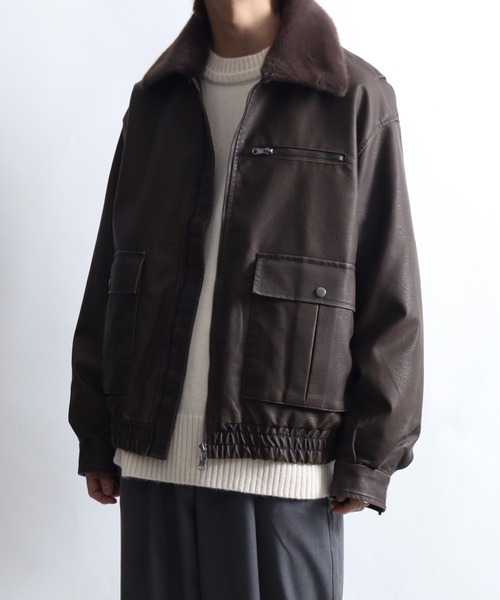Art re A select（アトリエセレクト）の「ビンテージPU 襟ファー脱着フライトブルゾン（ブルゾン・メンズ・ブラック系その他/ダークブラウン・M/L）」の9枚目の写真