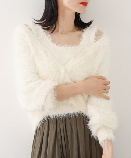 abahouse mavie（アバハウスマヴィ）の「【２点セット】シャギーニットアンサンブル（ニット/セーター・レディース・オフホワイト/チャコールグレー/ピンク・フリー）」の2枚目の写真