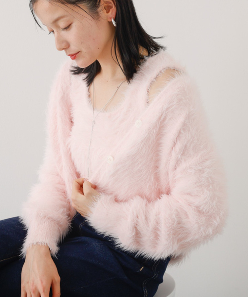 abahouse mavie（アバハウスマヴィ）の「【２点セット】シャギーニットアンサンブル（ニット/セーター・レディース・オフホワイト/チャコールグレー/ピンク・フリー）」の3枚目の写真