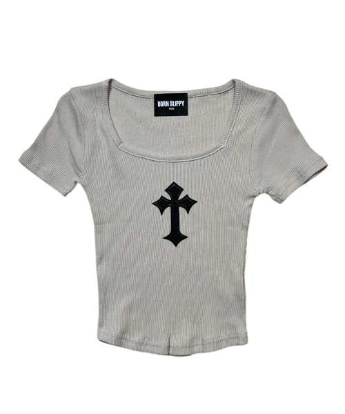 BORN SLIPPY(ボーンスリッピー)の「Cross Square Neck T-shirt (Beige)(Tシャツ/カットソー・レディース・その他・FREE)」の1枚目の写真