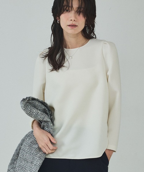 qualite（カリテ）の「ライトダブルクロスナローブラウス/オケージョン/セレモニー/フォーマル/オフィスカジュアル（シャツ/ブラウス・レディース・ネイビー/オフホワイト・フリー）」の2枚目の写真