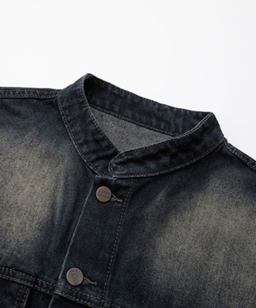 NOWLE(ノウル)の「【NOWLE】ヴィンテージウォッシュ ノーカラー ショート デニム ジャケット(デニムジャケット・メンズ・ダークインディゴブルー・LARGE/MEDIUM/X-LARGE)」の3枚目の写真