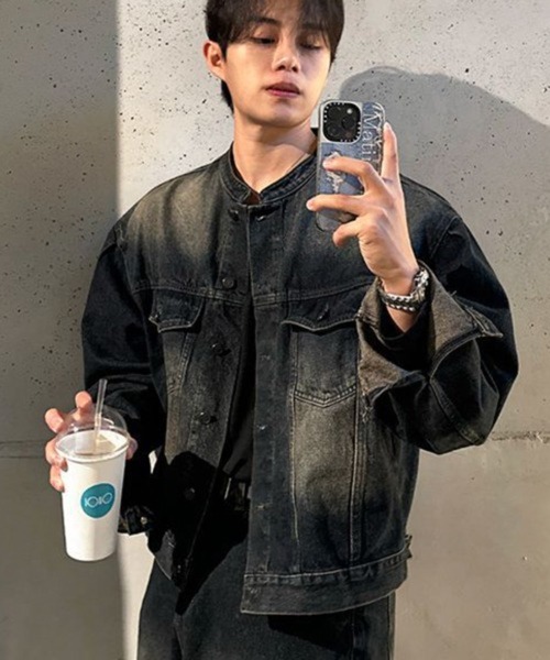 NOWLE(ノウル)の「【NOWLE】ヴィンテージウォッシュ ノーカラー ショート デニム ジャケット(デニムジャケット・メンズ・ダークインディゴブルー・LARGE/MEDIUM/X-LARGE)」の14枚目の写真