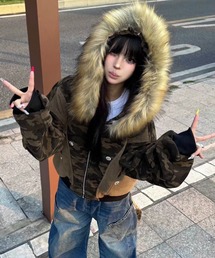 SHEENA（シーナ）の「カモフラ柄ボア切替ファーフード中綿ブルゾン（ブルゾン）」