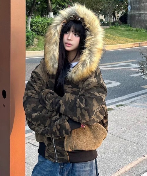 セール】カモフラ柄ボア切替ファーフード中綿ブルゾン（ブルゾン