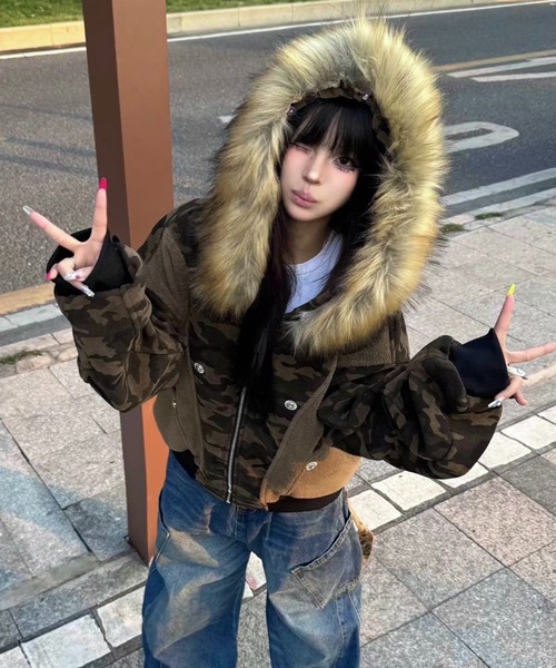 セール】カモフラ柄ボア切替ファーフード中綿ブルゾン（ブルゾン 