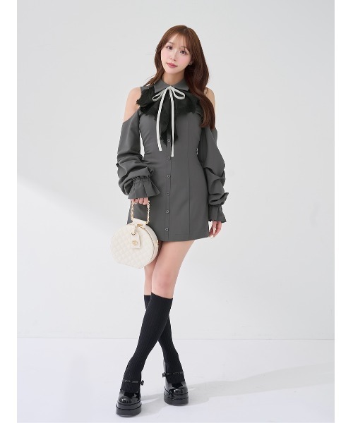 ショルダースカラップフリルシャツミニワンピース（ワンピース