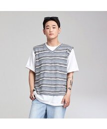 APOSTROPHE COMMA（アポストロフィコンマ）の「ミックスラインVネックベスト（ブラウン/ブルー）（ベスト）」