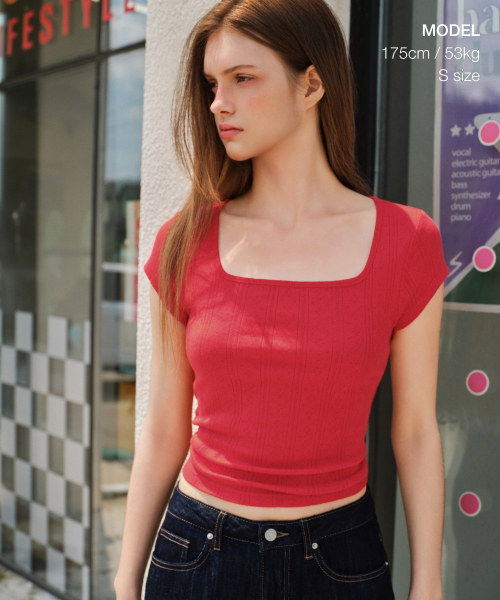 MUSINSA STANDARD WOMAN（ムシンサスタンダードウーマン）の「ウィメンズポイントスクエアネックキャップスリーブTシャツ[レッド]（Tシャツ/カットソー・レディース・その他・SMALL/MEDIUM/X-SMALL/LARGE）」の2枚目の写真