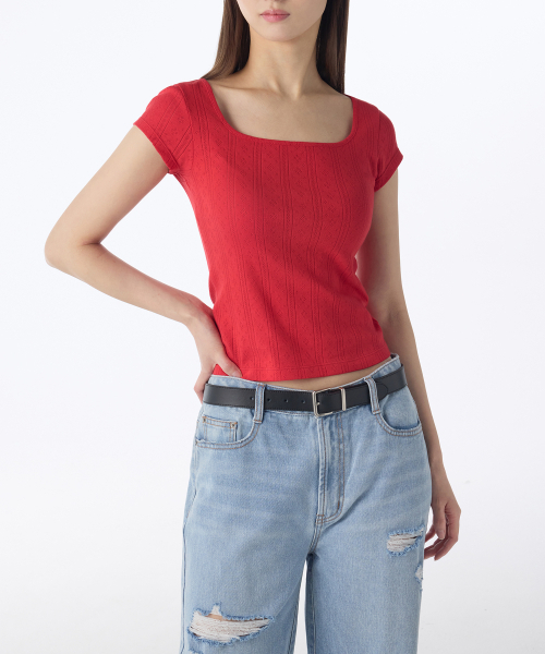 MUSINSA STANDARD WOMAN（ムシンサスタンダードウーマン）の「ウィメンズポイントスクエアネックキャップスリーブTシャツ[レッド]（Tシャツ/カットソー・レディース・その他・SMALL/MEDIUM/X-SMALL/LARGE）」の3枚目の写真
