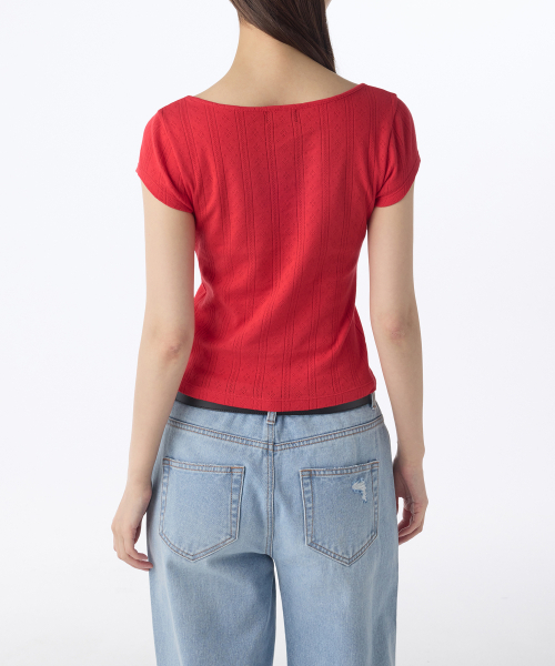 MUSINSA STANDARD WOMAN（ムシンサスタンダードウーマン）の「ウィメンズポイントスクエアネックキャップスリーブTシャツ[レッド]（Tシャツ/カットソー・レディース・その他・SMALL/MEDIUM/X-SMALL/LARGE）」の4枚目の写真