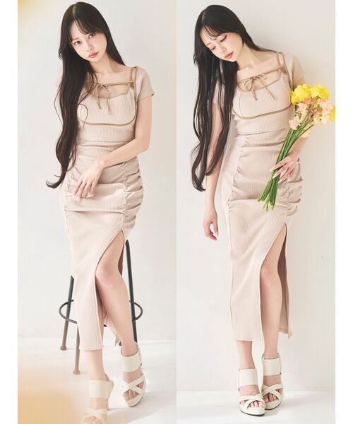 EATME(イートミー)の「【UV機能】デコルテバイカラーリブワンピース(ワンピース・レディース・ベージュ/その他1/グレー/ブラック・FREE)」の1枚目の写真