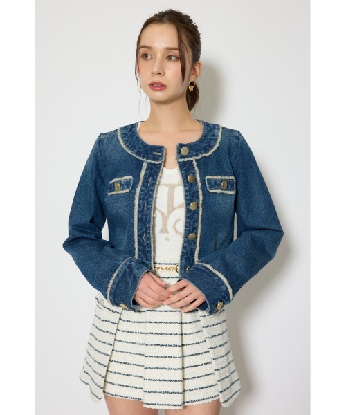 rienda（リエンダ）の「【森香澄さん着用】ノーカラーフリンジデニムジャケット 春服（ノーカラージャケット・レディース・ブルー/ライトブルー・SMALL/MEDIUM）」の9枚目の写真