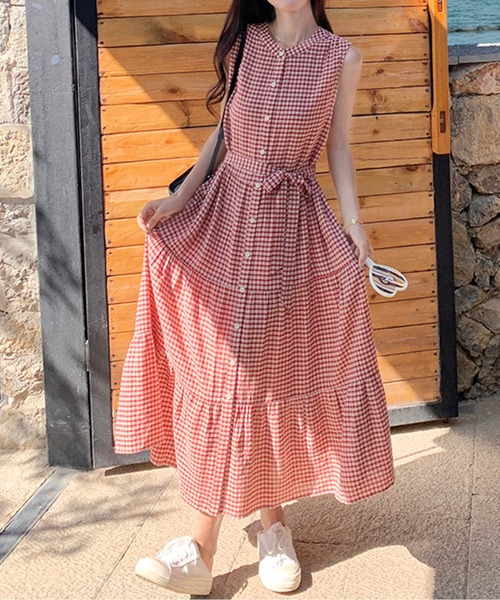 LUCPY(ラクピー)の「ノースリーブギンガムチェックフロントボタンワンピース(ワンピース・レディース・レッド・XX-LARGE/X-LARGE/LARGE/MEDIUM)」の4枚目の写真
